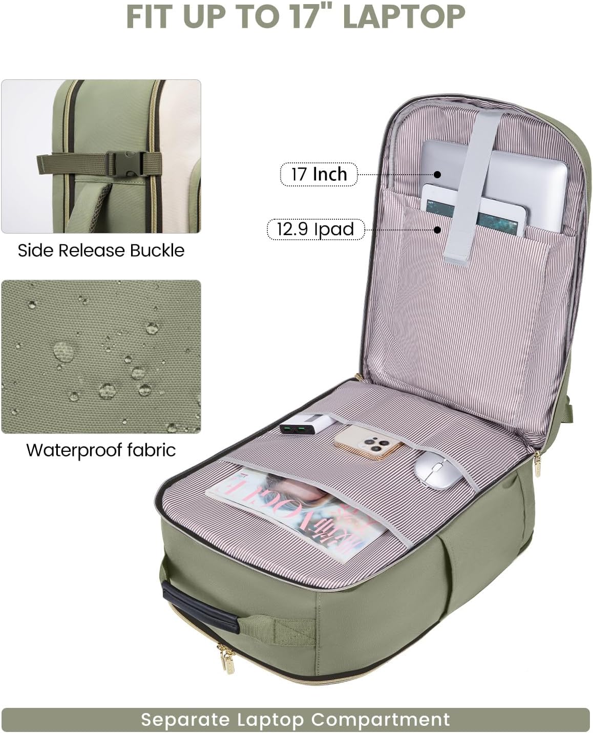 Travel Backpack for Women & Men, Airline Approved Carry On Luggage with 3 Packing Cubes, TSA Overnight Bags, Waterproof Personal Item Bag, Weekender Essentials Backpacks fits 17" Laptop